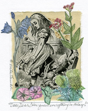 original art collage with Alice in Wonderland illustration, Dear Dear! How queer everyting is today! by Ouida Touchon