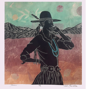 Tierra, woman contemplating in a vast landscape, linocut with monoprint background. Original artwork by Ouida Touchon. 