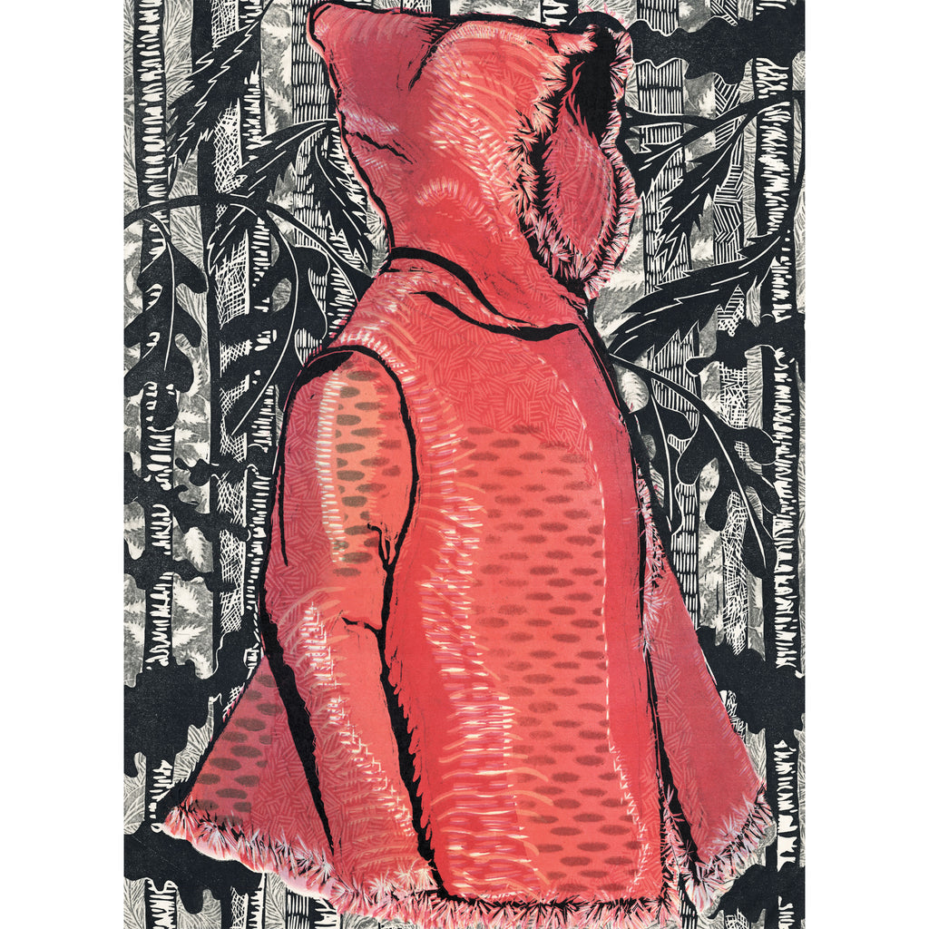 Lil Red in the Black Forest, fantasy garment in shades of red surrounded by black forest textures. Woodcut print Lil Red in the Black Forest original artwork for sale by Ouida Touchon